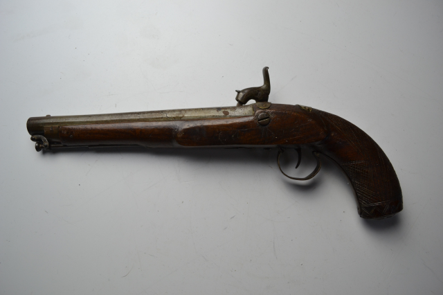 Percussion Lock Pistol with Carved Stock and Hinged Cap Holder. 