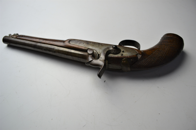 Percussion Lock Pistol with Carved Stock and Hinged Cap Holder. 