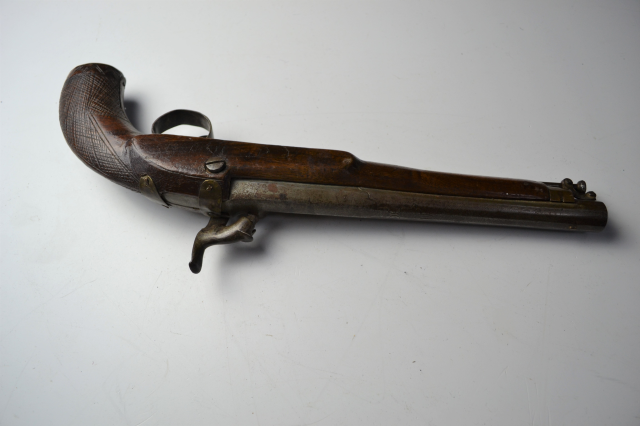 Percussion Lock Pistol with Carved Stock and Hinged Cap Holder. 