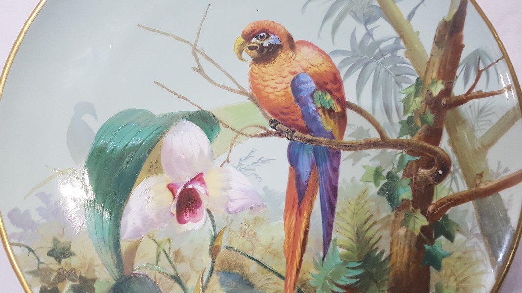 Discover our collection of antique ceramics, like this 1890 hand-decorated plate by B. Stuart. Adorned with colorful exotic birds, it measures 31 cm. Shop now!