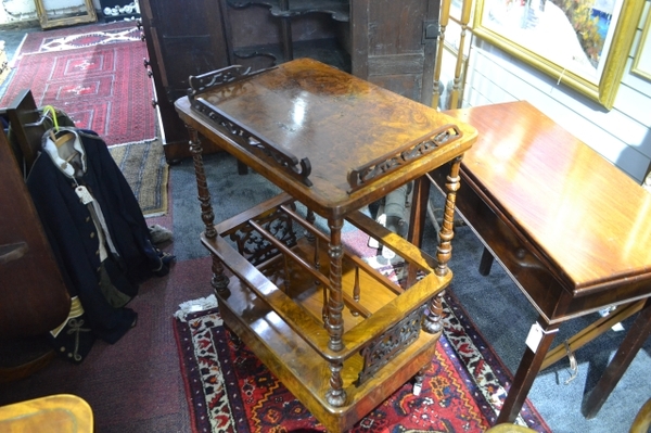 Discover our collection of Victorian burr walnut Canterbury whatnots. Fretwork gallery, moulded supports, single drawer & more. Browse now and enhance your home decor!