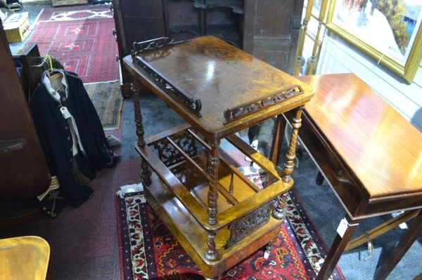 Discover our collection of Victorian burr walnut Canterbury whatnots. Fretwork gallery, moulded supports, single drawer & more. Browse now and enhance your home decor!