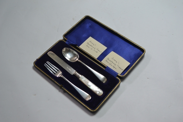 A Cased Silver Christening Set With Mother Of Pearl Handle, Chester Hallmarks.