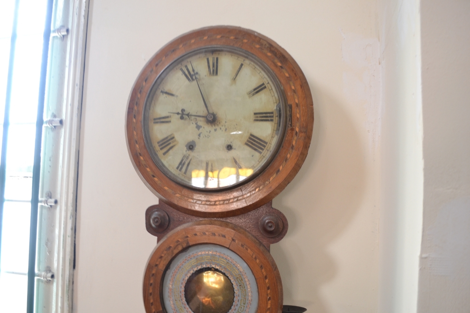 Unusual American Inlaid Walnut Wall Clock