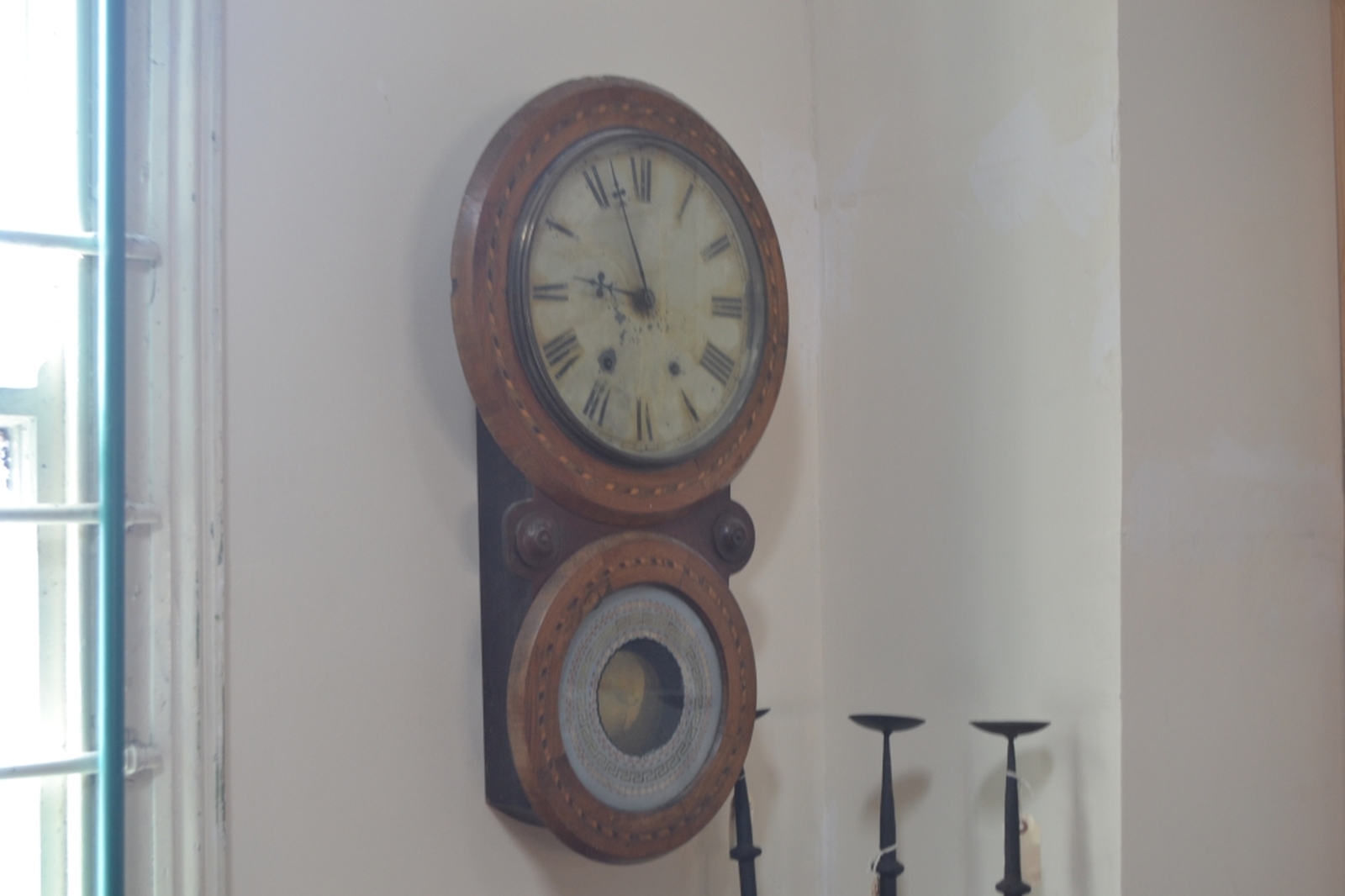Unusual American Inlaid Walnut Wall Clock