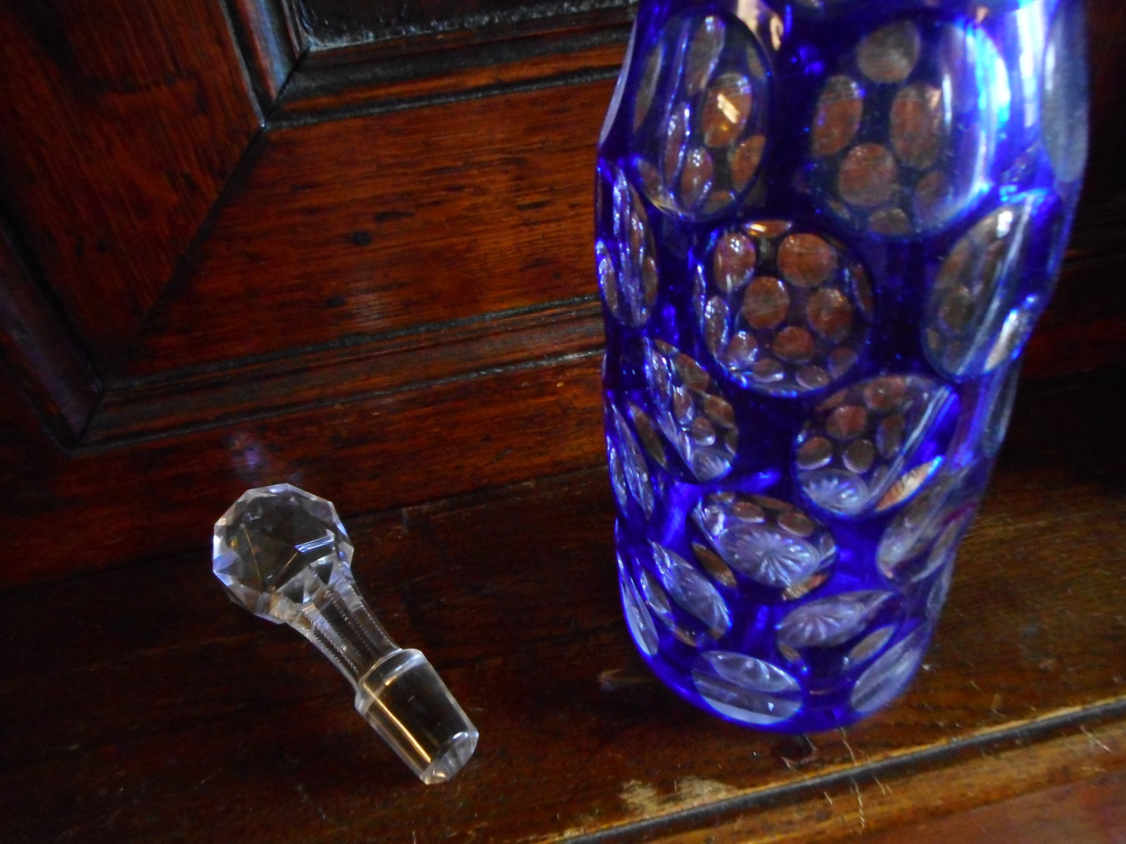 19th century Bohemian decanter blue cut to clear glass