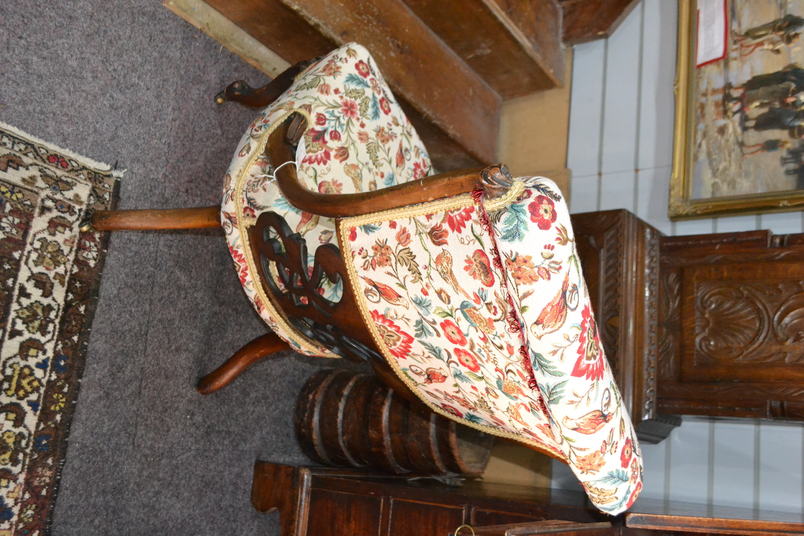 Discover our re-upholstered Victorian mahogany chair with a unique scrolling pierced open back. Shop now for exquisite antique furniture pieces with detailed dimensions!