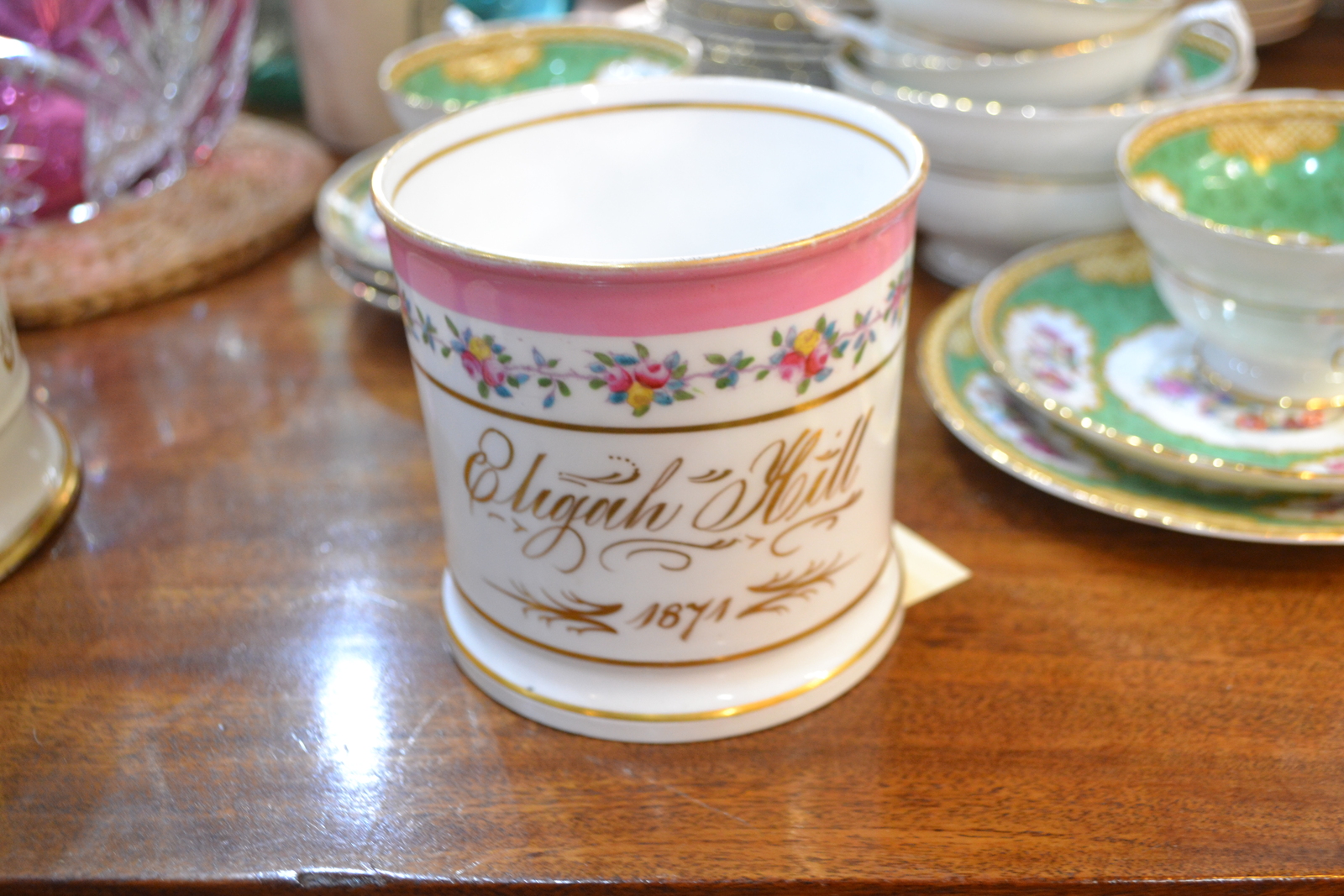Discover our unique Coalport Tankard, 10cms high, presented to Elijah Hill in 1874. Truly historic! Shop now for vintage finds.