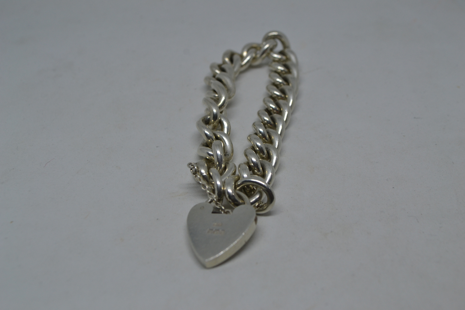 Solid Sterling Silver Curb Link Bracelet  With Heart PadLock And Safety Chain