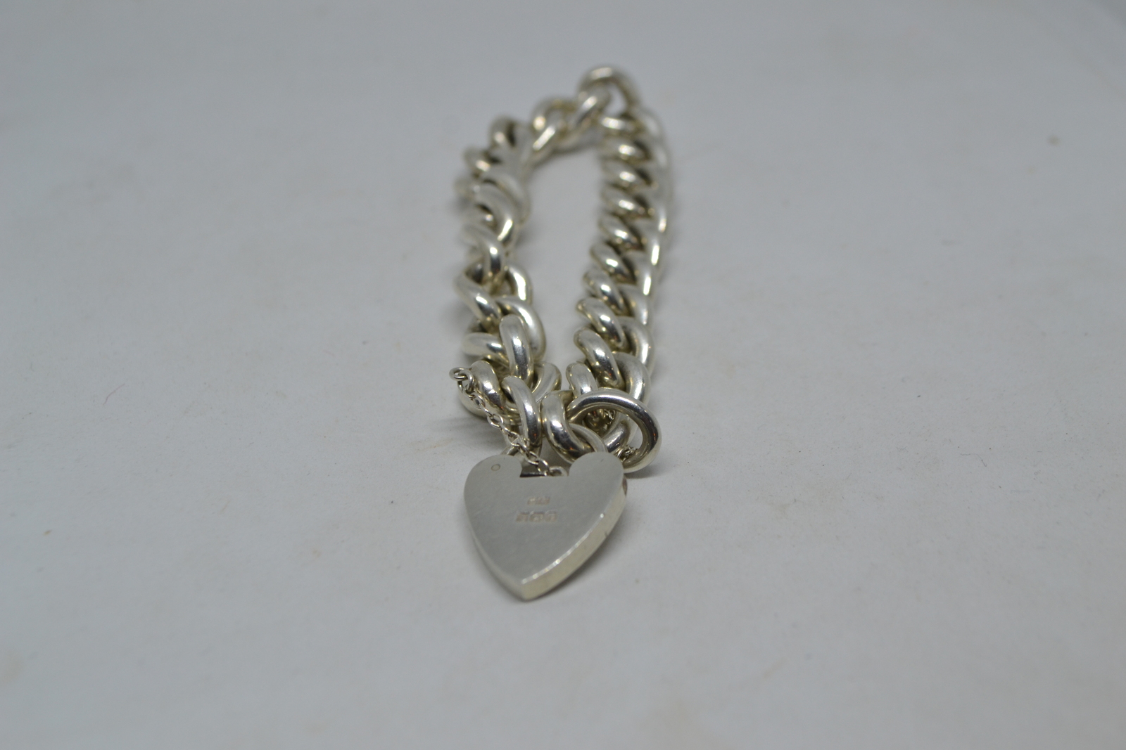 Solid Sterling Silver Curb Link Bracelet  With Heart PadLock And Safety Chain