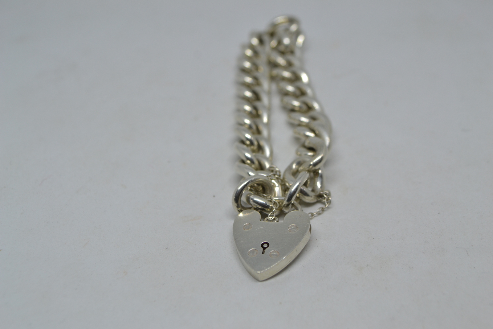 Solid Sterling Silver Curb Link Bracelet  With Heart PadLock And Safety Chain
