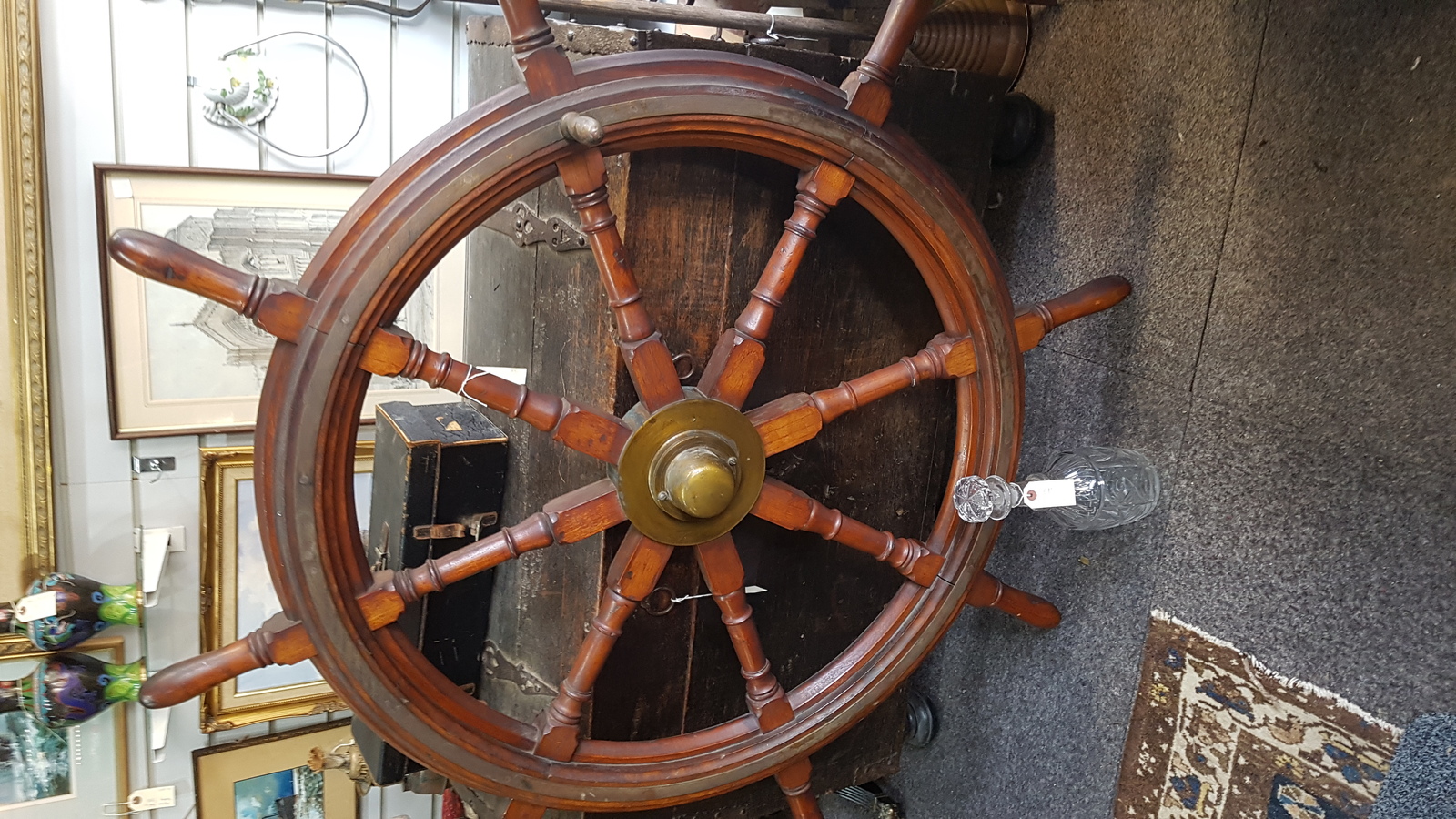 A Large Early 20th Century Pine And Brass Ships Wheel 