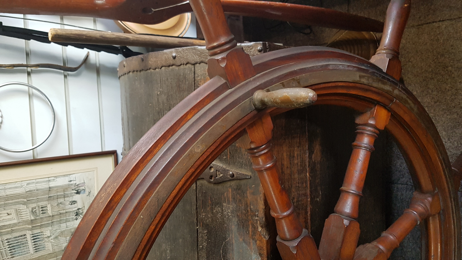 A Large Early 20th Century Pine And Brass Ships Wheel 