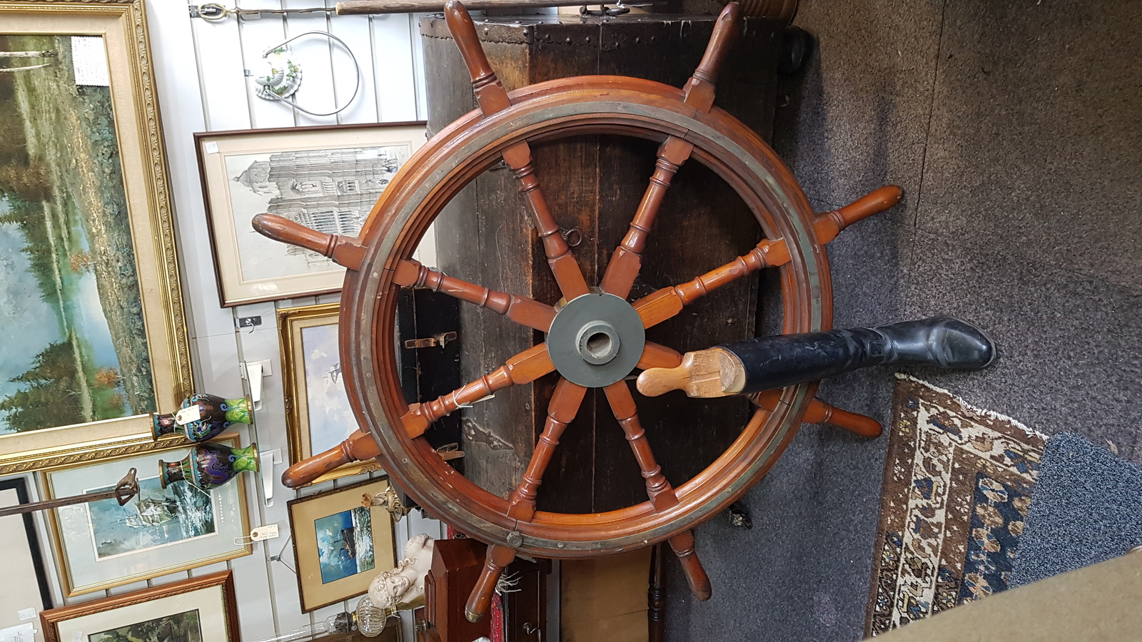 A Large Early 20th Century Pine And Brass Ships Wheel 