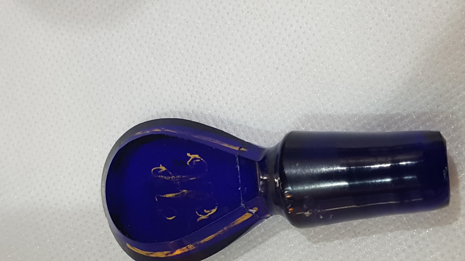 Discover our 19th c. Bristol blue decanter bottle with restored stopper. Unique gold lettering, size 9 inches. Shop now!