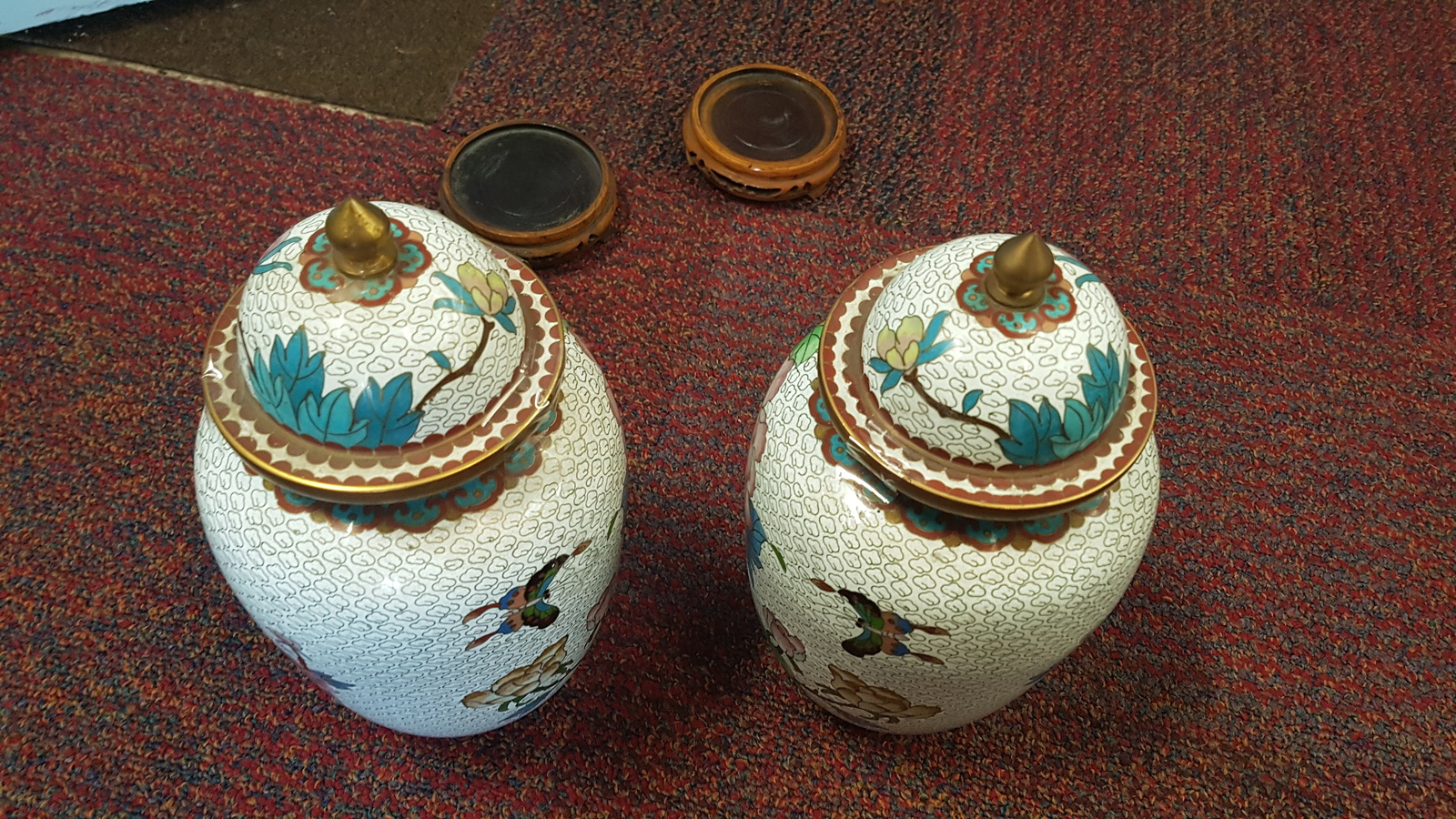 A Pair Of 20th Century Chinese Cloisonne Lidded Vases Decorated With Chrysanthemum