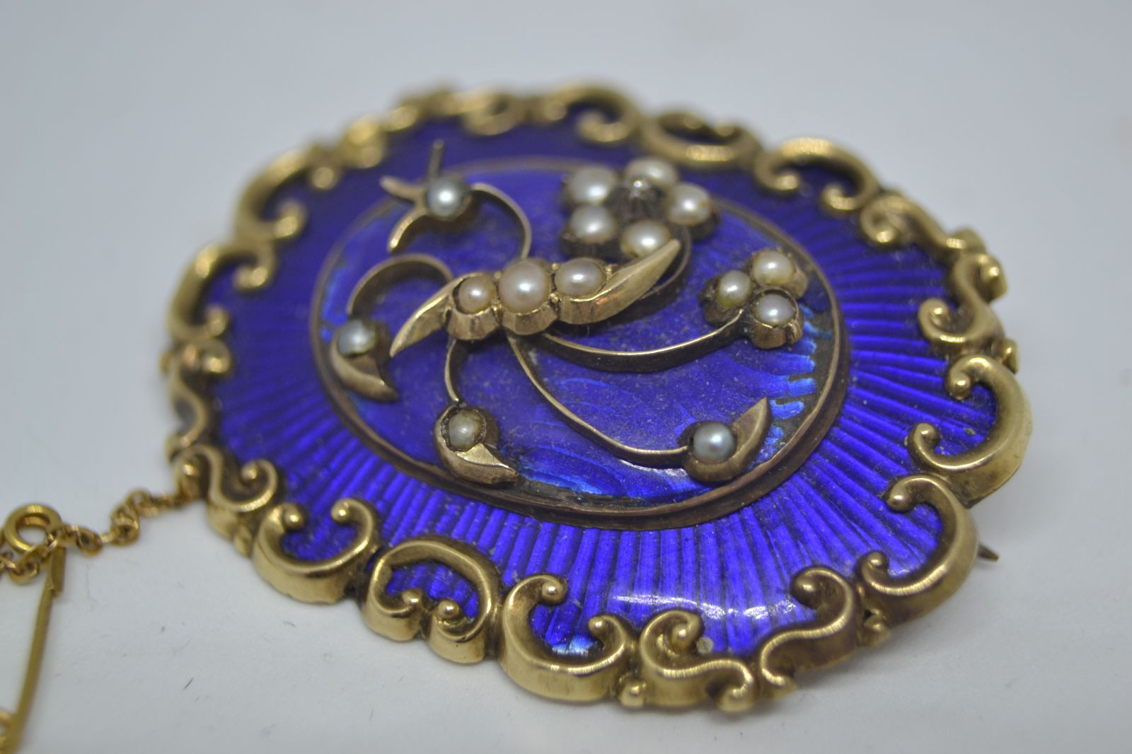 Victorian Enamelled Diamond And Pearl Brooch